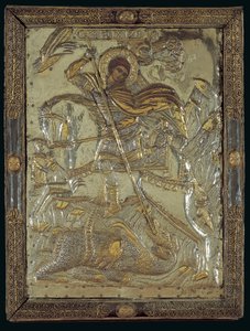 Icône de Saint Georges tuant un dragon à trois têtes, 1713 - Greek School